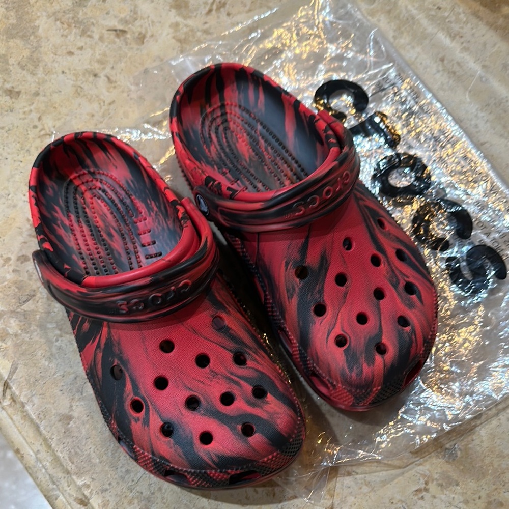CROCS Red and Black Water Shoes with Swirled Design